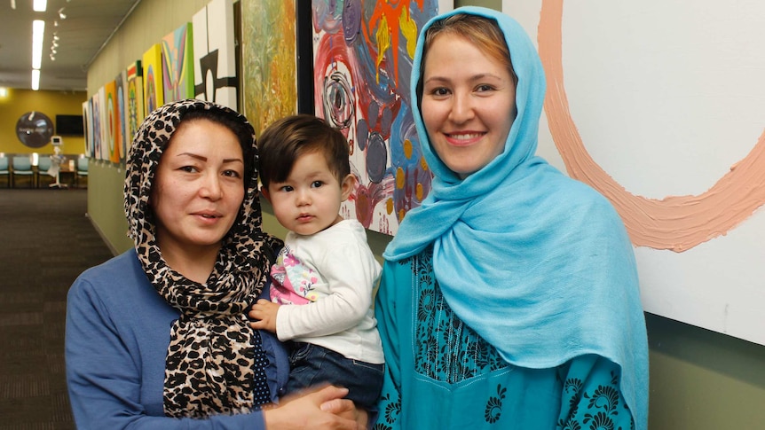 Fatemeh, her son Milke and Fatima at the support group in Launceston