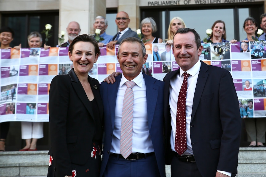 Amber-Jade Sanderson with Roger Cook and Mark McGowan smiling