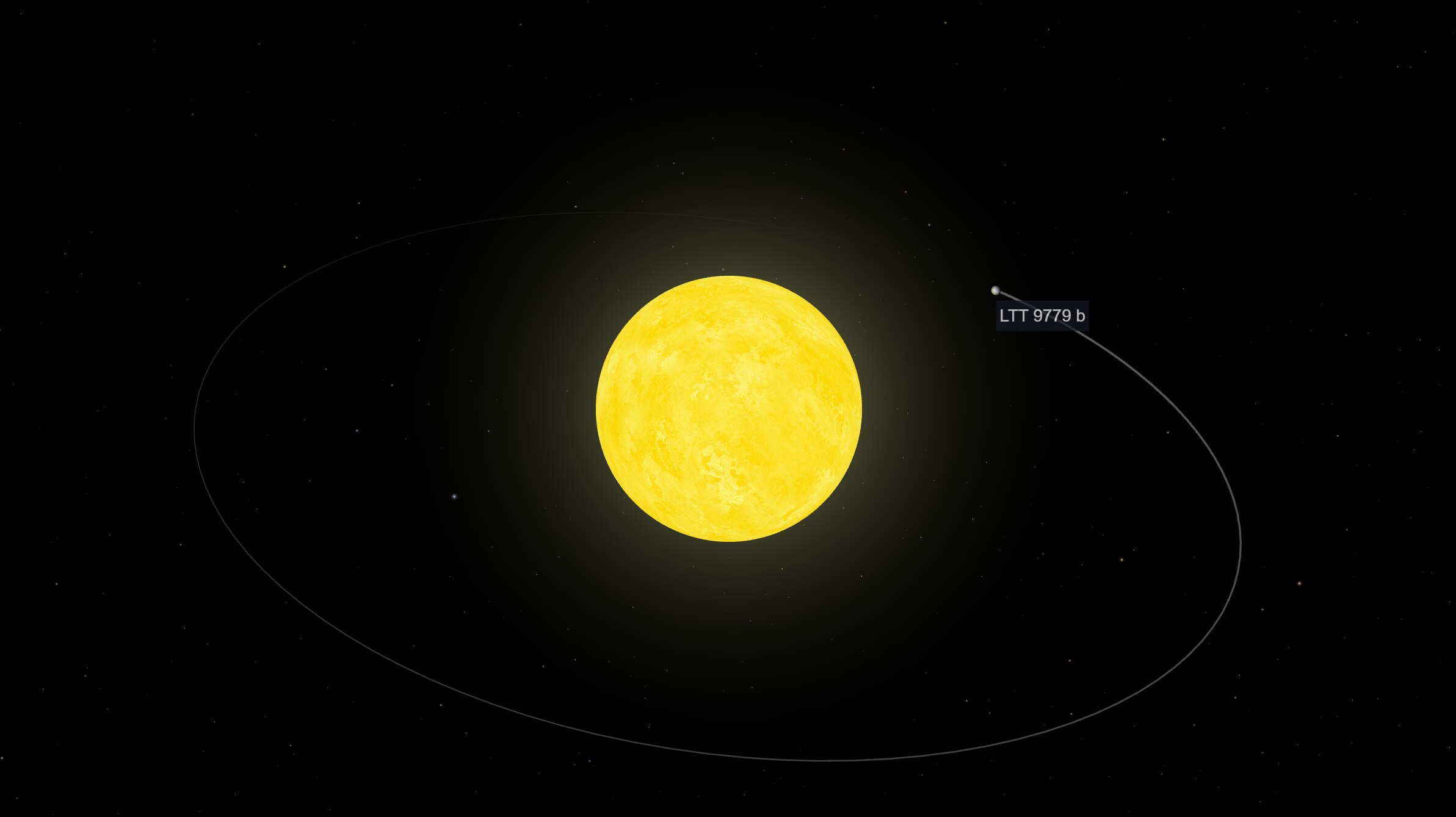 A bright yellow circle representing a star next to a white spec planet in black space