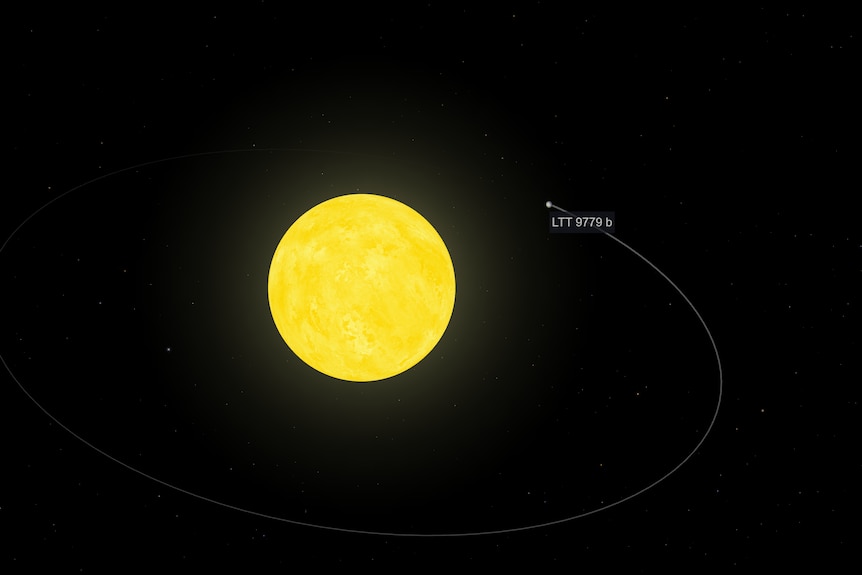 A bright yellow circle representing a star next to a white spec planet in black space