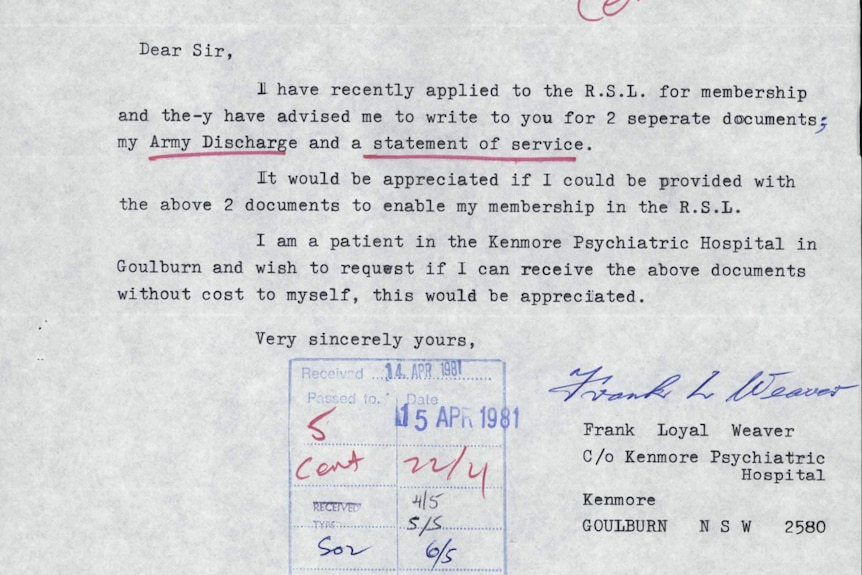 A 1981 typed letter from Frank Weaver to the RSL seeking membership of the organisation.