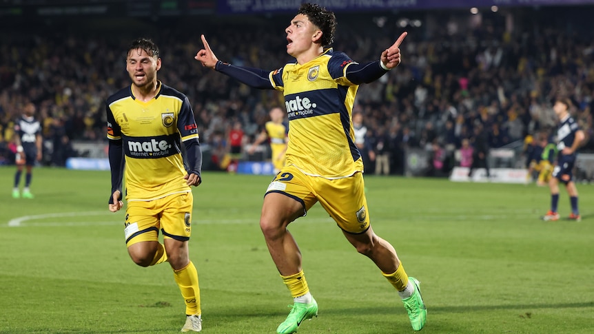 Miguel Di pizio of the central coast mariners celebrates after scoring against melbourne victory at the a-league men grand final 2023-24