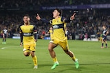 Miguel Di pizio of the central coast mariners celebrates after scoring against melbourne victory at the a-league men grand final 2023-24