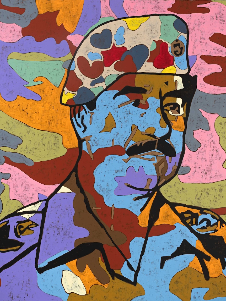 Painting of Saddam Hussein in army fatigues with a multi-coloured camouflage background