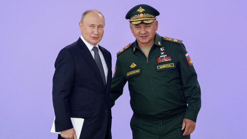 Vladimir Putin and Sergei Shoigu put their arms around each other in front of a pink wall