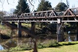Images of an old pedestrian bridge with wrought iron, grassy banks and trees.