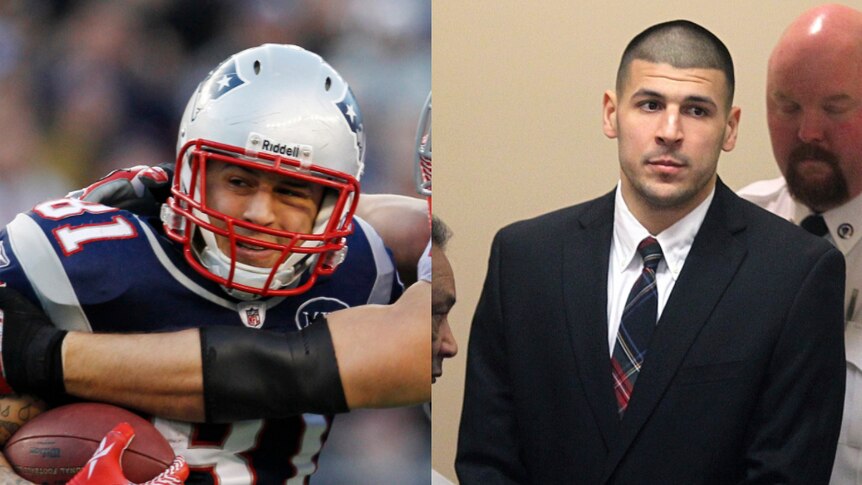 Composite of Aaron Hernandez in his playing days and in court