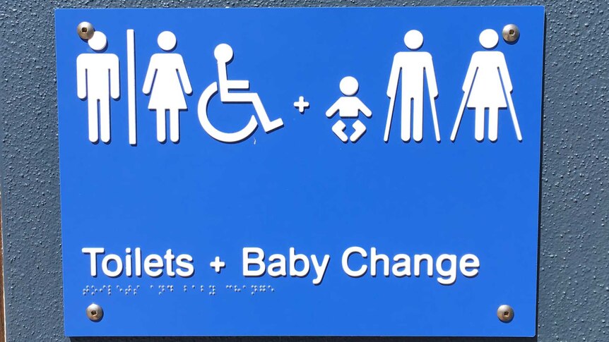 Generic toilet sign outside the unisex public amenities block at Coolum Beach.