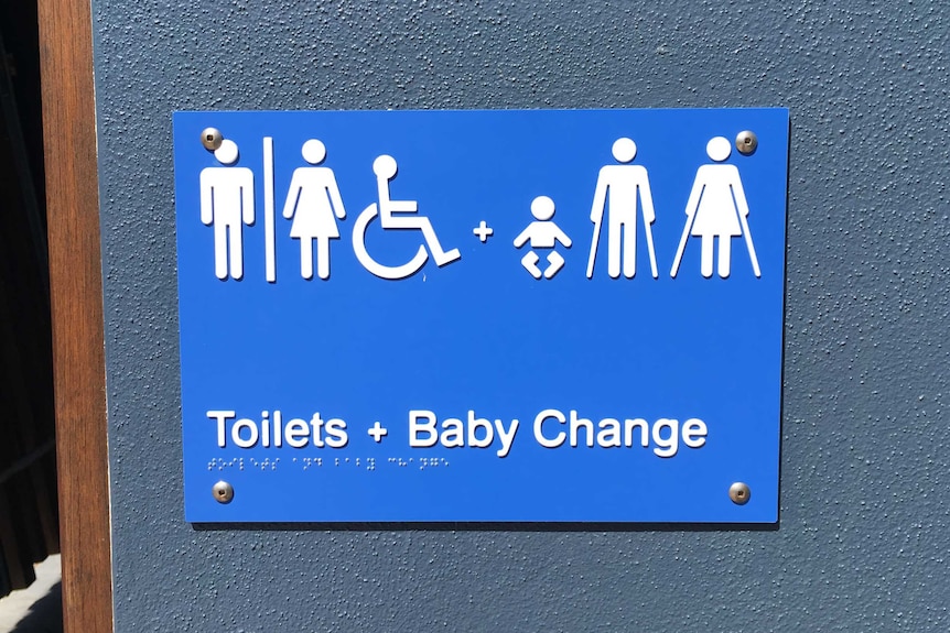Generic toilet sign outside the unisex public amenities block at Coolum Beach.