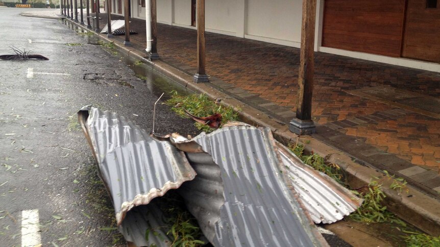 Roofing tin on the ground outside Heritage Hotel, Rockhampton