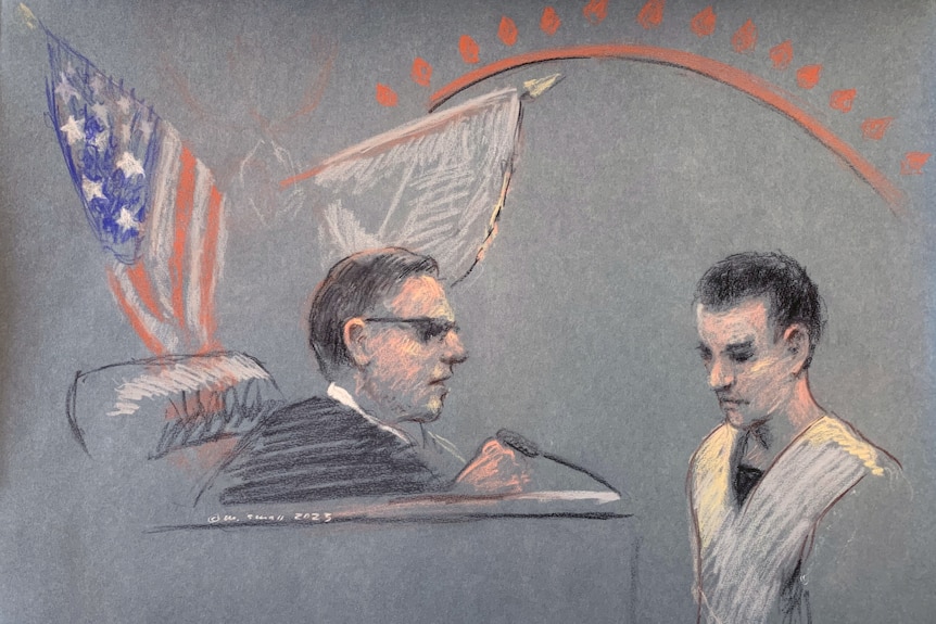A rough courtroom sketch shows a judge looking toward a defendant who looks downwards as he stands near the bench. 