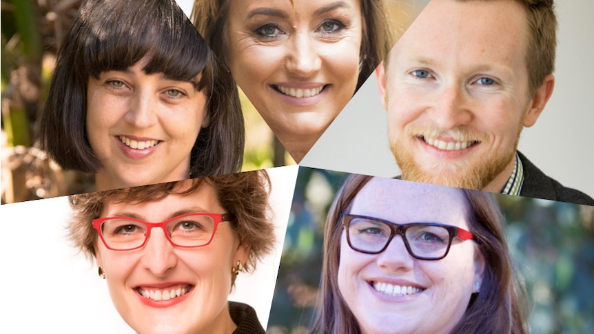 A composite photo featuring portraits of four women and one man, all smiling at the camera.