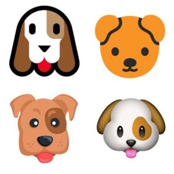 Dog emojis from Microsoft, Google, Facebook Messenger and Apple.