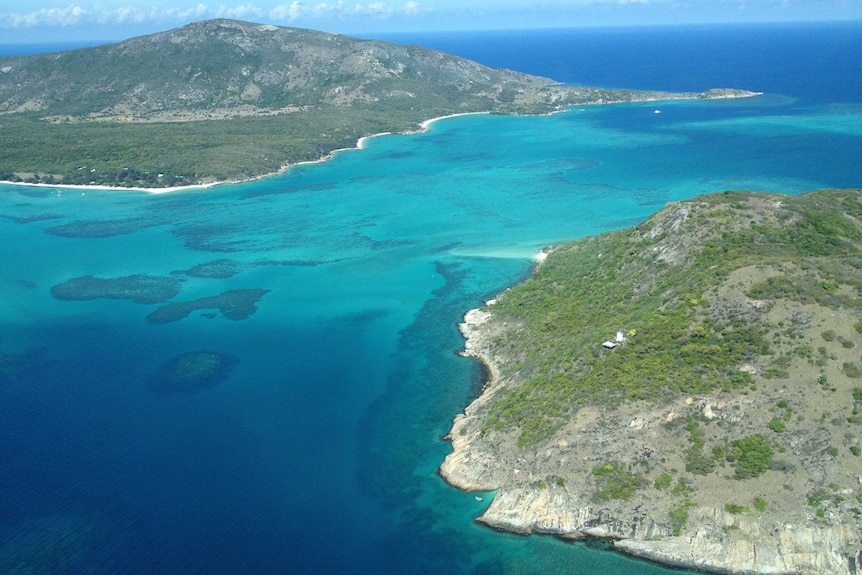 An aerial view of an island lagoon