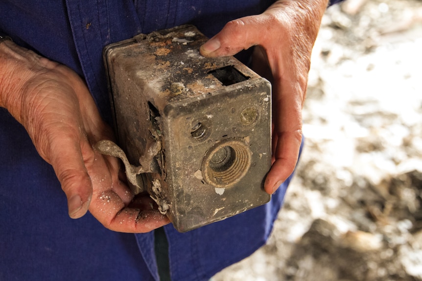 Sue Norman's box brownie camera recovered from the wreckage of her studio