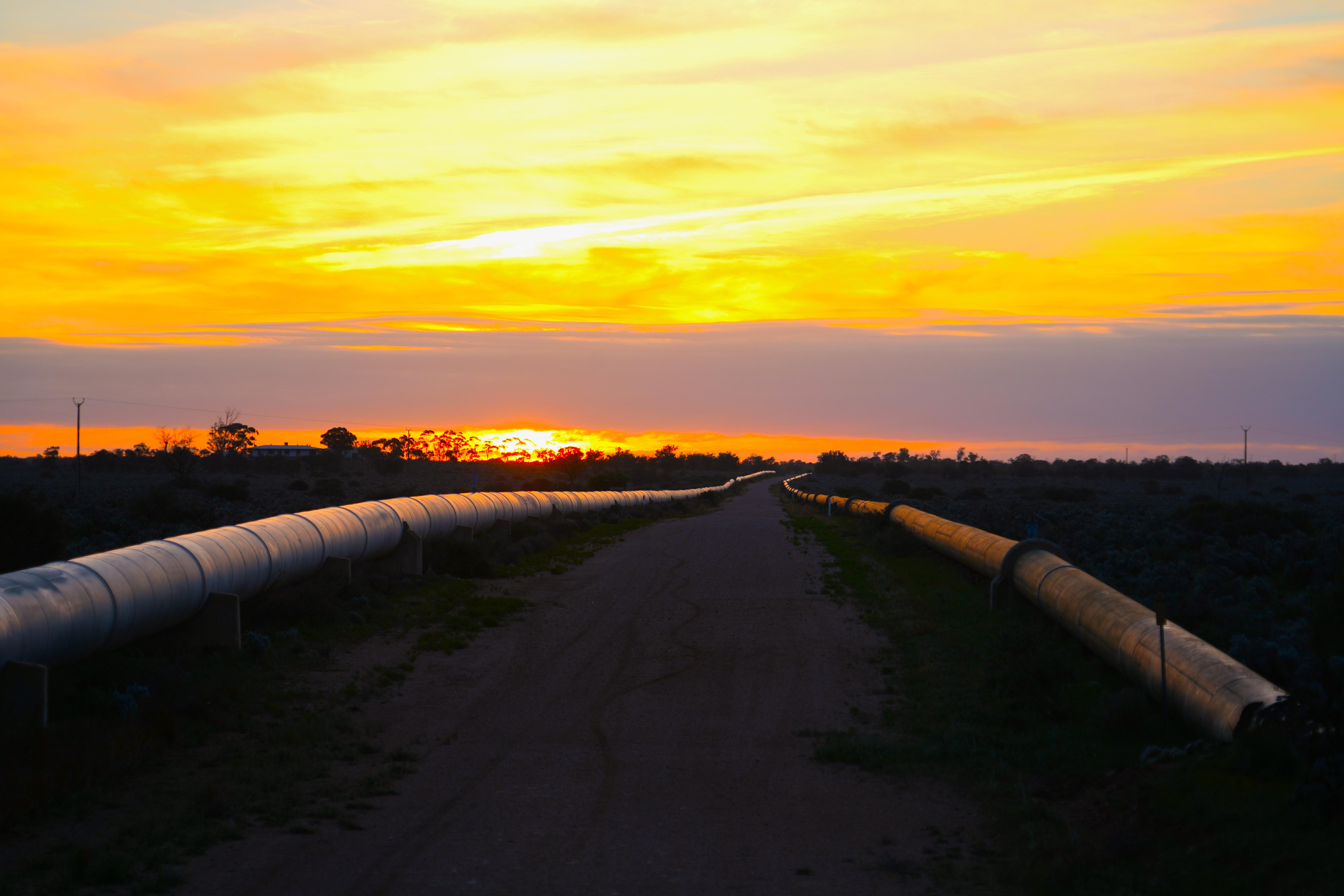 Water pipelines stretch into the distance of a rural landscape at dusk
