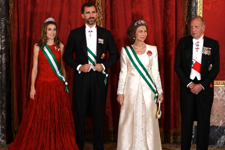 The King, Queen, Prince and Princess of Spain dressed in evening attire 