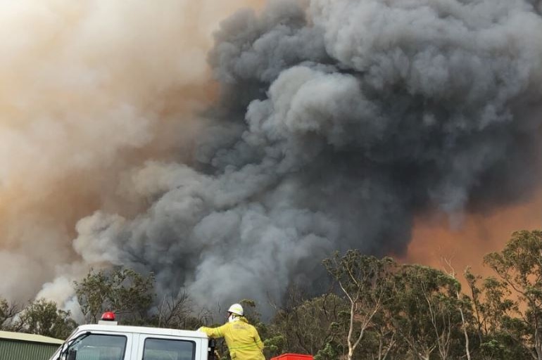 A firefighter stands at a car in front of a large plume of smoke from a bushfire.