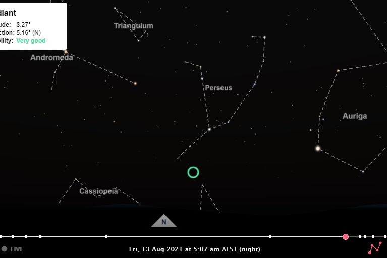 A screenshot of the time and date website's Interactive Meteor Shower Sky Map with several constellations including the Perseus.