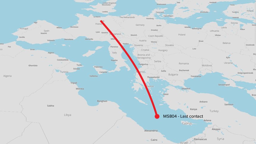 A map showing the flight path of MS804.