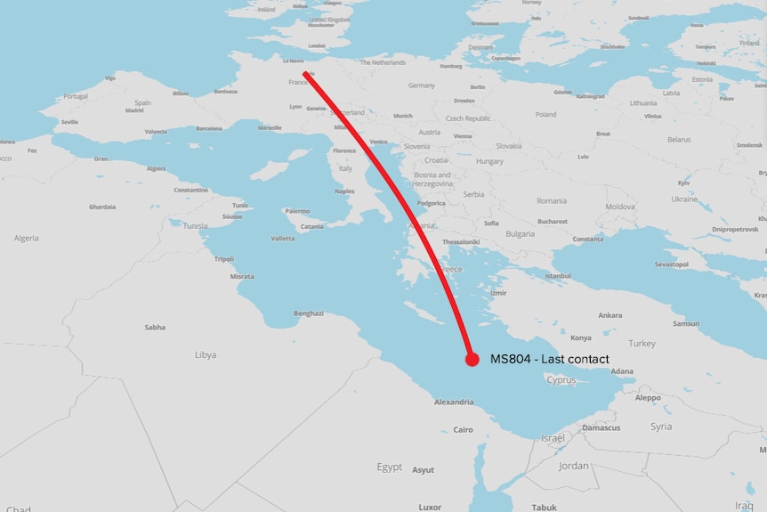 A map showing the flight path of MS804.