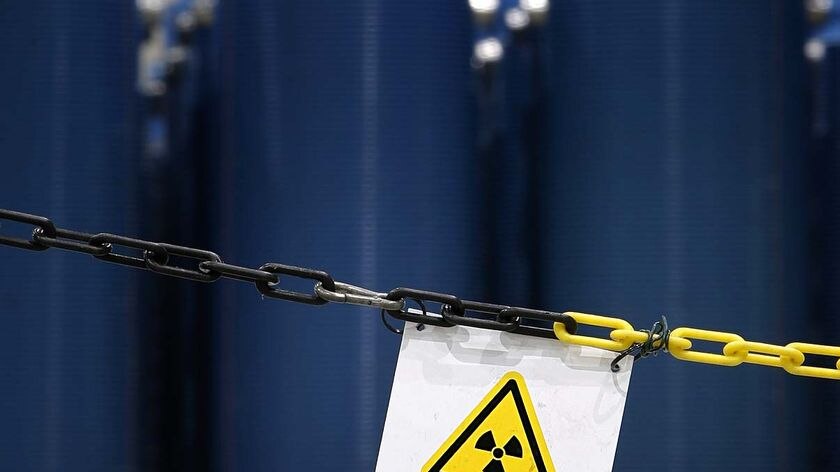 A warning sign in a temporary nuclear waste storage facility in Germany