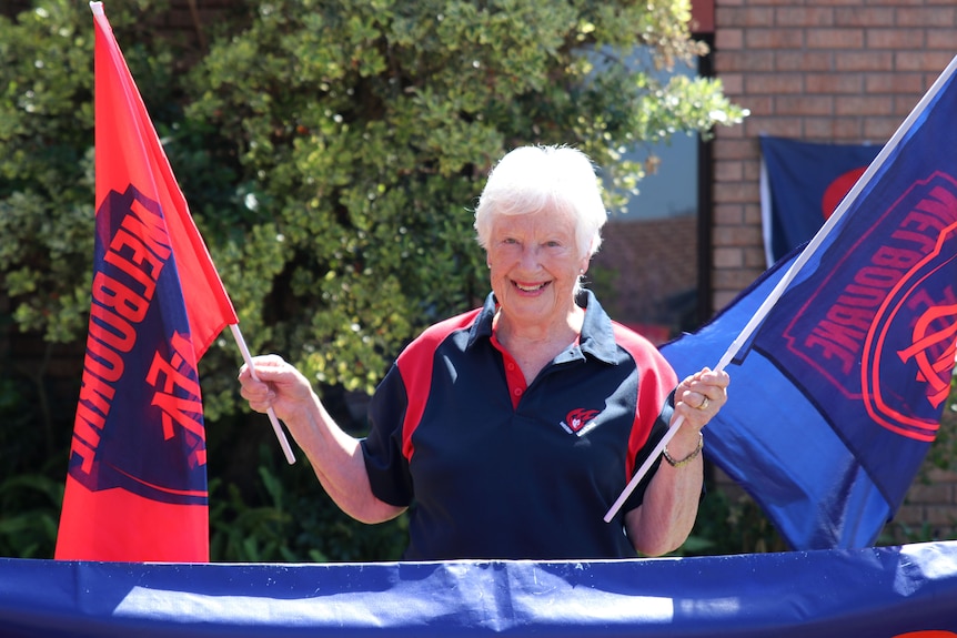 Joan stands behind a blue sign, most of which is not visible, holding blue and red (Demon's colours) flags.