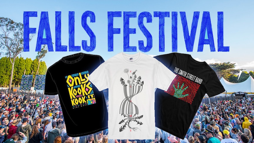 A collage of charity tees designed by Dune Rats, Flume, & Smith St Band for Falls Festival