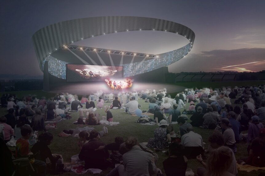 An artist's impression of an outdoor theatre with a circular open roof. People sit in the grass around the stage