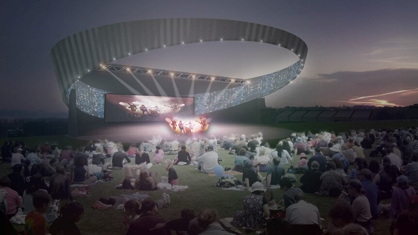 An artist's impression of an outdoor theatre with a circular open roof. People sit in the grass around the stage