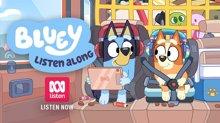 Bluey Listen Along - Listen now - ABC listen. Bluey and Bingo sitting in the car wearing headphones