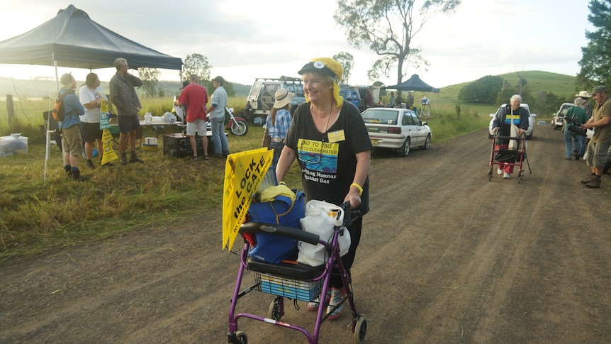 A woman with walking frame at the Bentley Blockade against coal seam gas