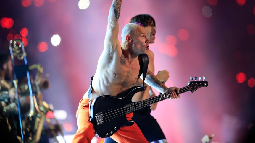Flea and Anthony Kiedis of the Red Hot Chili Peppers perform