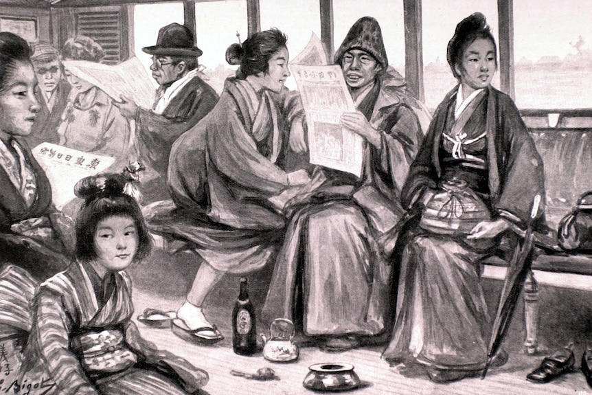 A sketch of passengers reading newspapers on a train in Japan in 1903.
