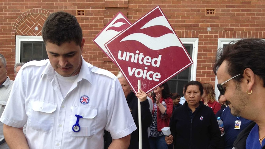 United Voice members protest outside Royal Perth Hospital