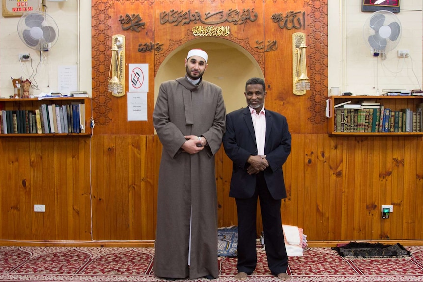 Imam Alaa Elzokm and prayer caller Weli, at the West Heidelberg Mosque.