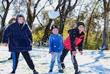 Three boys throw snowballs 