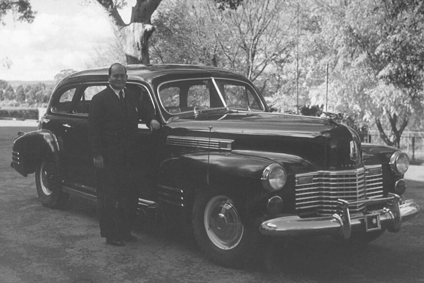 Alfred Stafford with former prime minister Sir Robert Menzies’ Commonwealth car, a 1941 Cadillac.