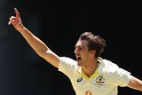 Australia bowler Pat Cummins runs away and points to the sky in celebration after a wicket in a Test against West Indies.