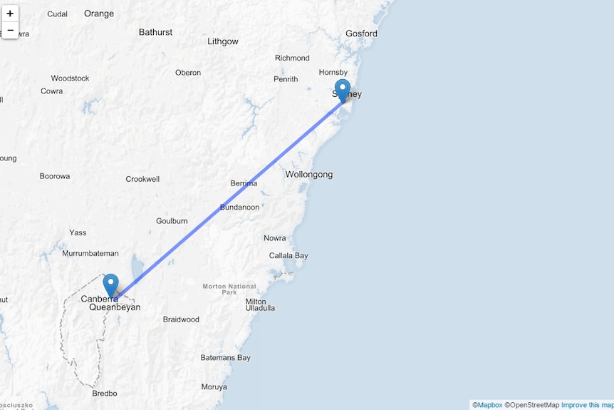 Map showing the distance between Canberra Airport to Sydney Airport.