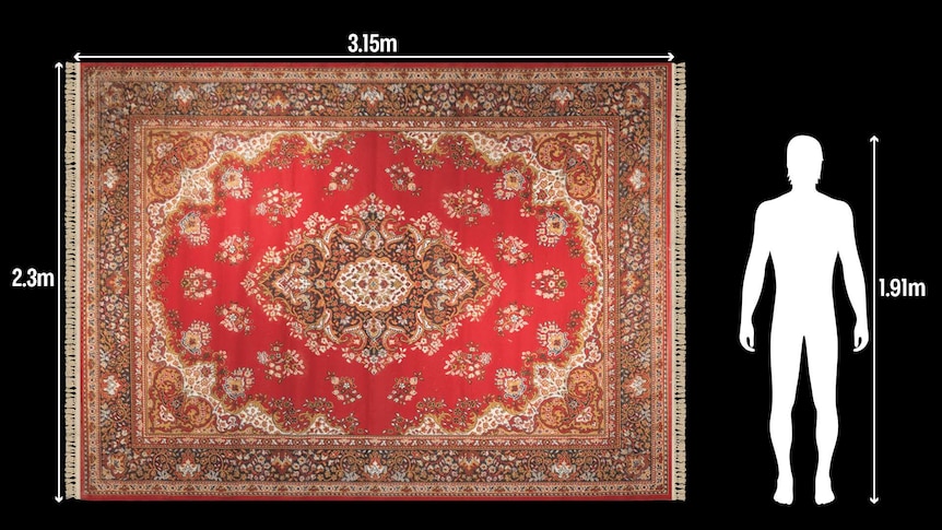 A Persian rug with 3.15m on the long edge and 2.3m on the short edge. The silhouette of a man measuring 1.91m next to it.