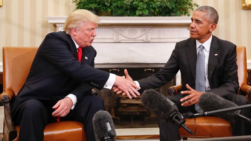 President Barack Obama and President-elect Donald Trump shake hands.