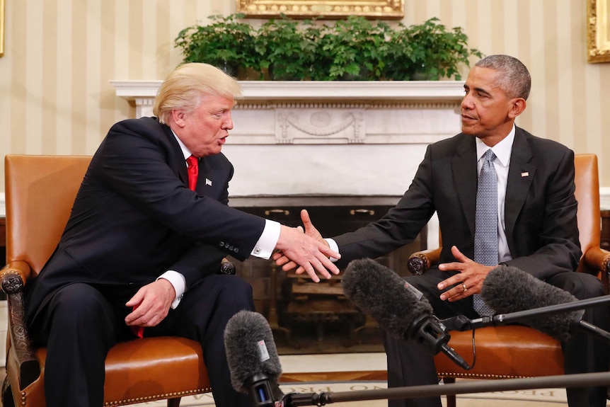 President Barack Obama and President-elect Donald Trump shake hands.