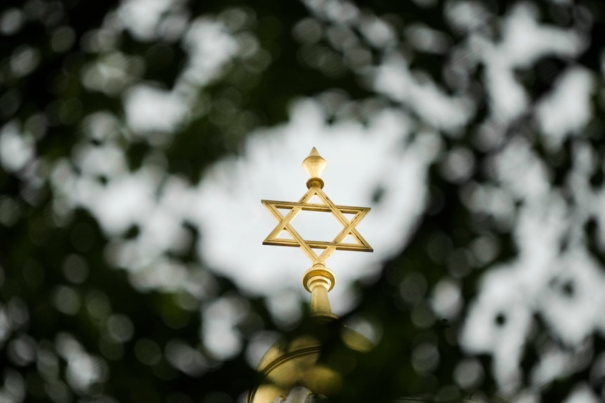A gold Star of David on top of a synagogue, and tree leaves surrounding it.