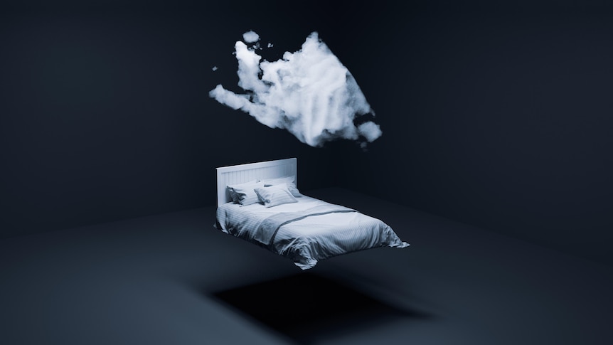 A bed hanging above the ground in a grey room with a cloud forming above it