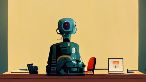 An illustration of a robot with some office stationery at a desk, which has been slightly jumbled by the AI.