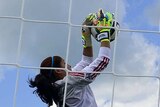 Colombia's goalkeeper Sandra Sepulveda stops the ball