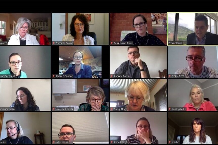 computer screen shot of a split screen of 16 people on zoom call