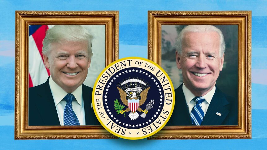 Photos of Donald Trump and Joe Biden framed on a wall. President of the USA seal over the top.