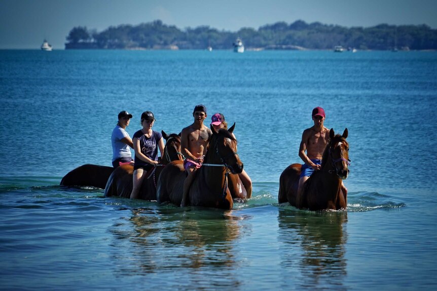 Horses and trainers ride in the water at Mindil Beach in Darwin.